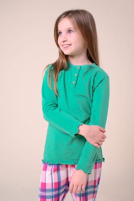Girls Green Solid Top & Check Pyjama Set (2/3yrs-8/9yrs)