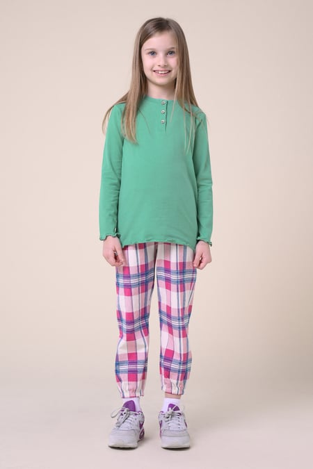 Girls Solid Top & Check Pyjama Set (2/3yrs-8/9yrs)