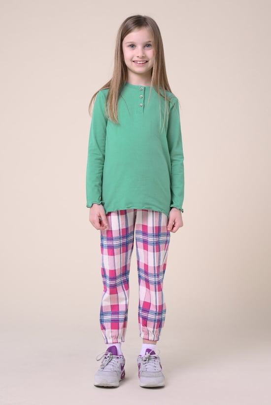 Girls Solid Top & Check Pyjama Set (2/3yrs-8/9yrs)