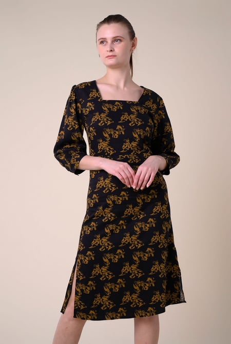 Womens Black Printed Square Neck Dress
