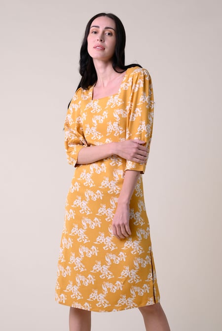 Womens Yellow Printed Square Neck Dress