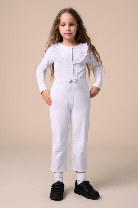 White Frill Detail Button Through Jumpsuit (2yrs-9yrs)