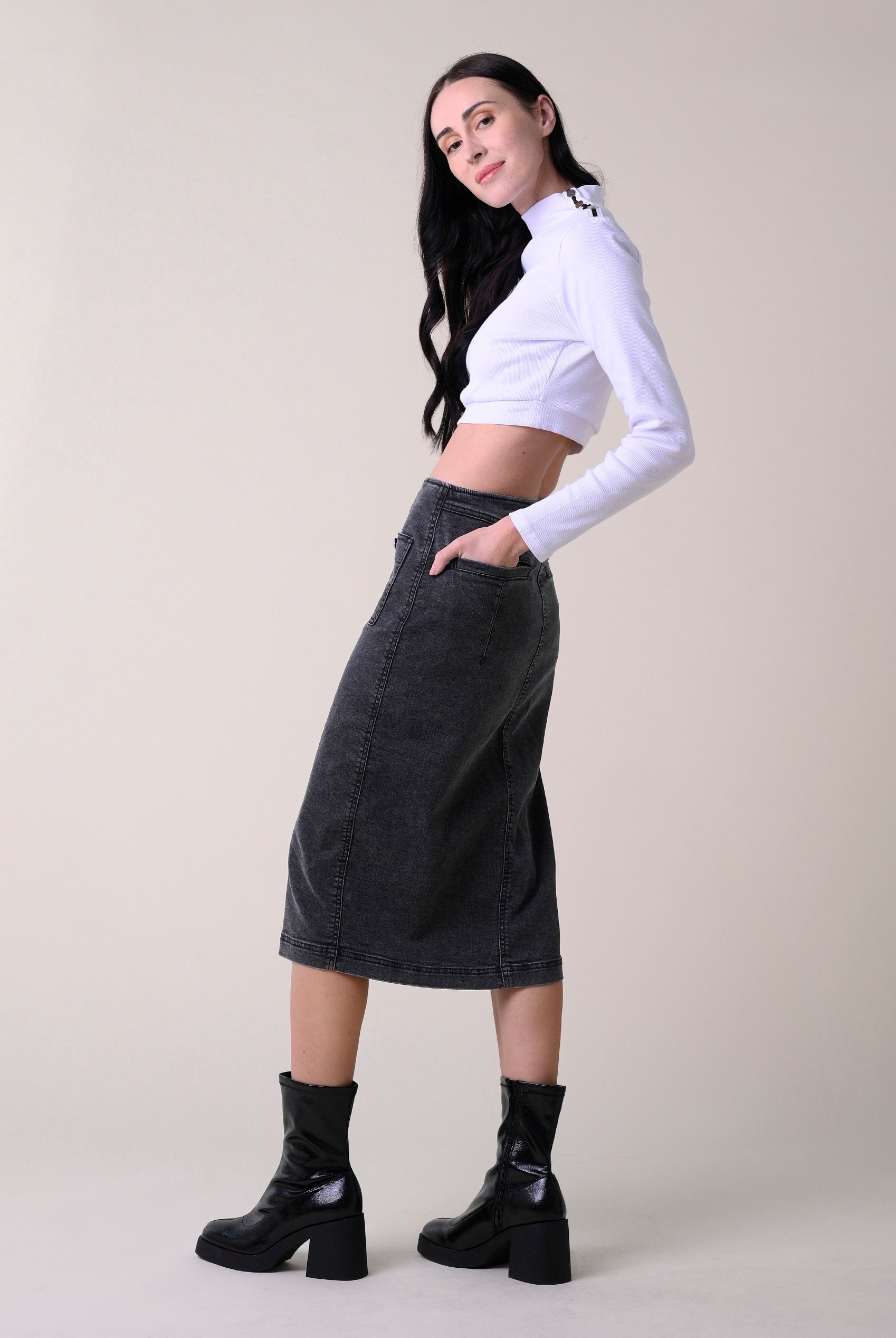Washed Black Denim Midi Skirt