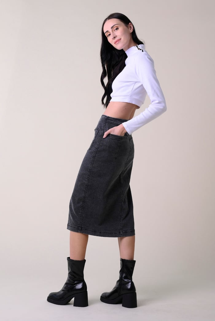 Washed Black Denim Midi Skirt