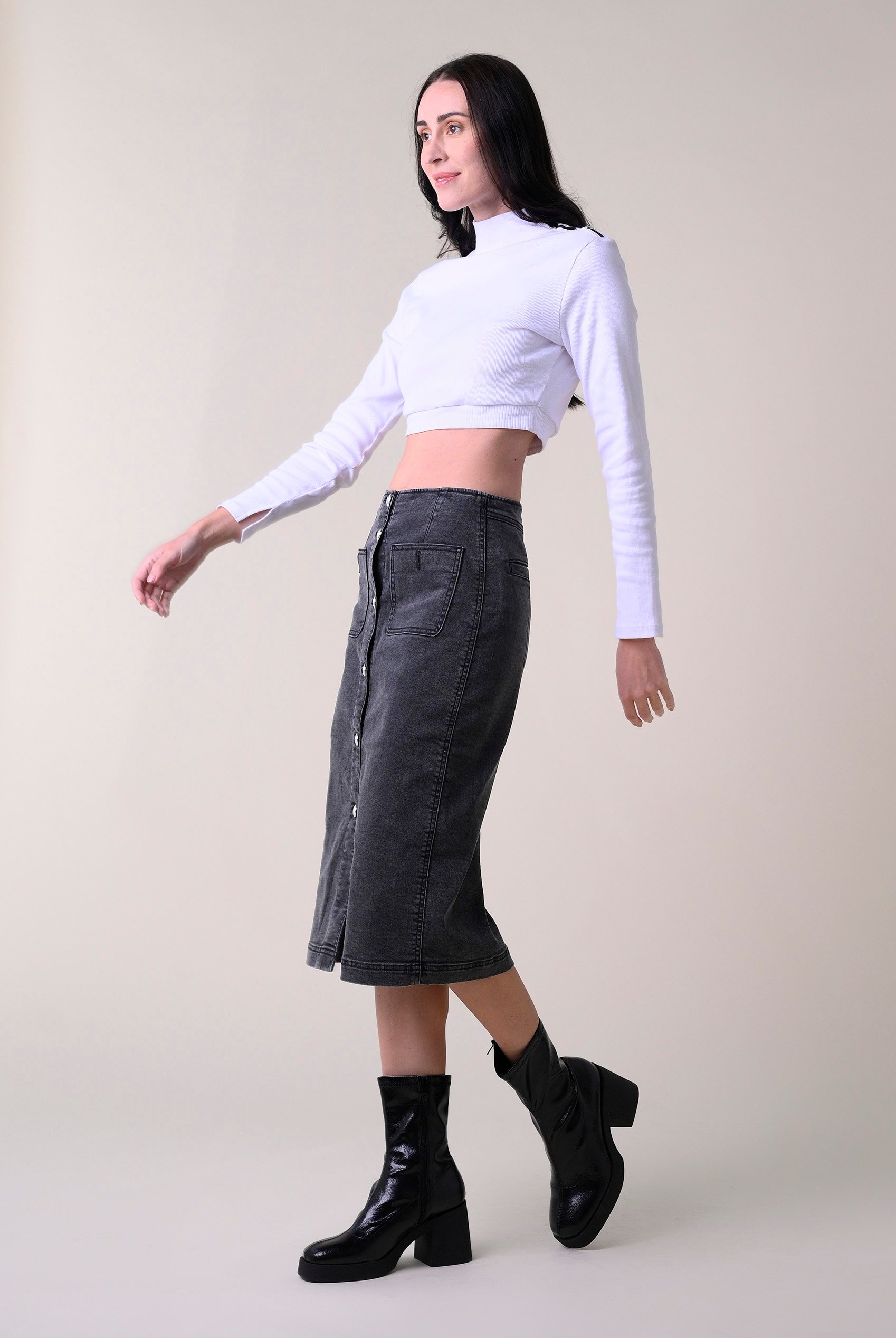 Washed Black Denim Midi Skirt