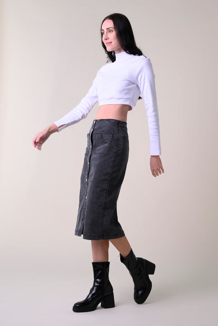 Washed Black Denim Midi Skirt