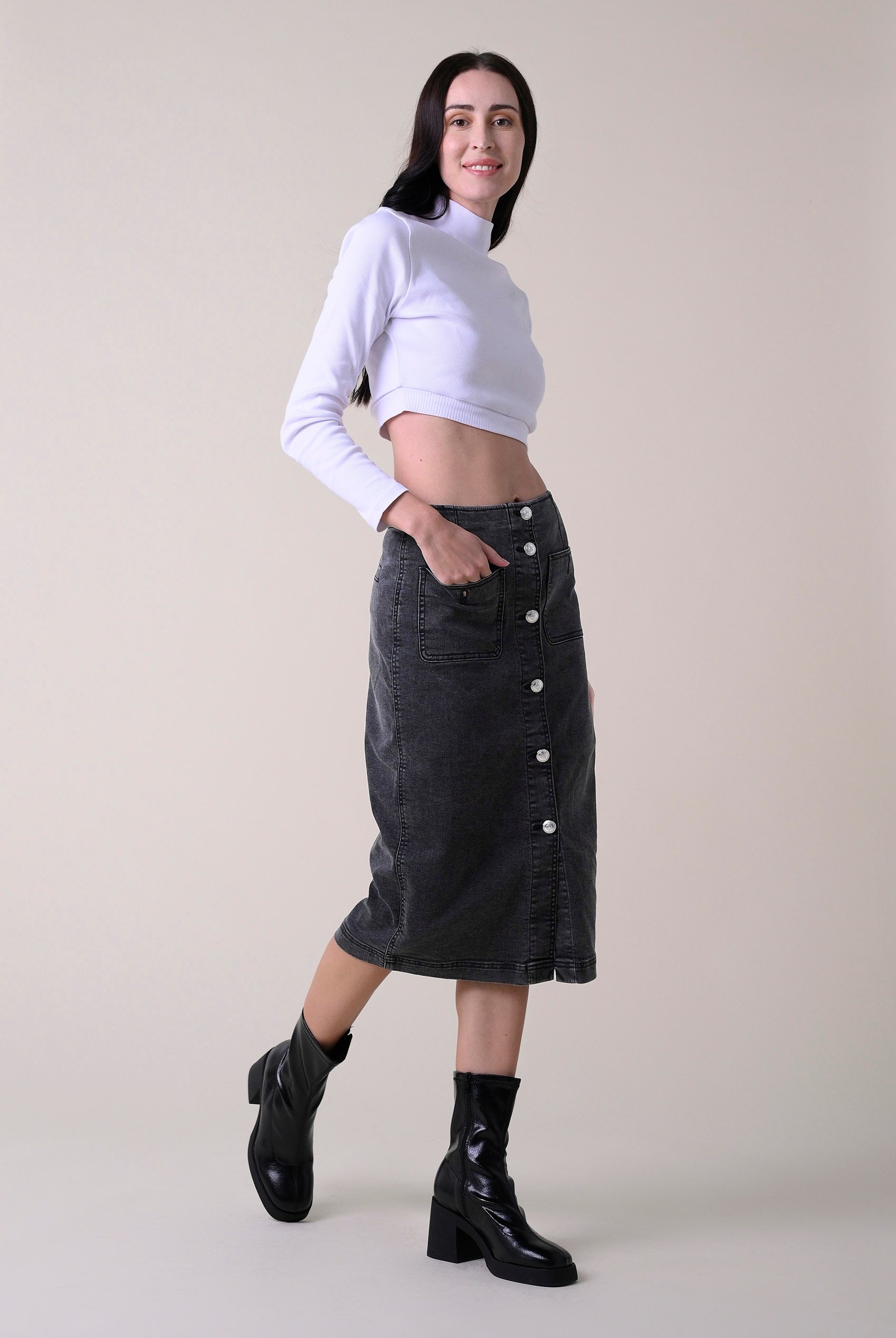 Washed Black Denim Midi Skirt
