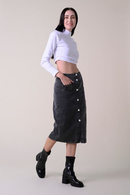 Black Washed Black Denim Midi Skirt