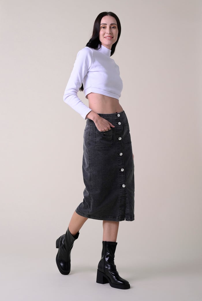 Washed Black Denim Midi Skirt