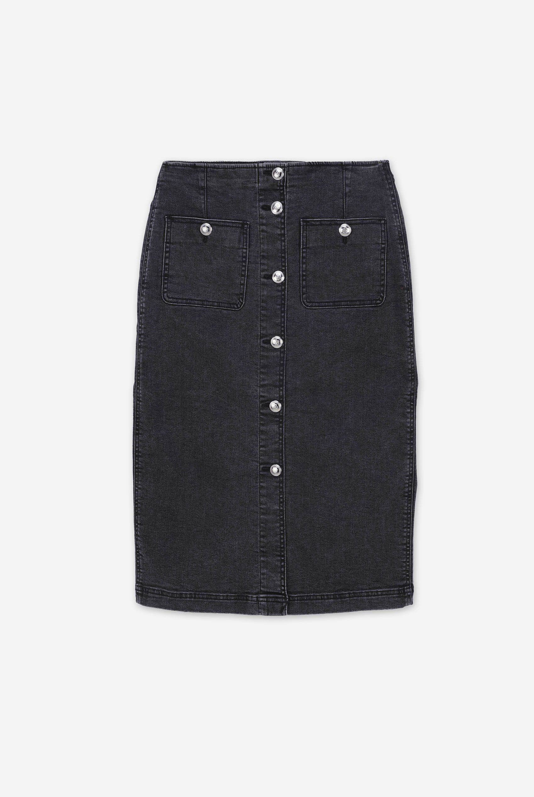 Washed Black Denim Midi Skirt