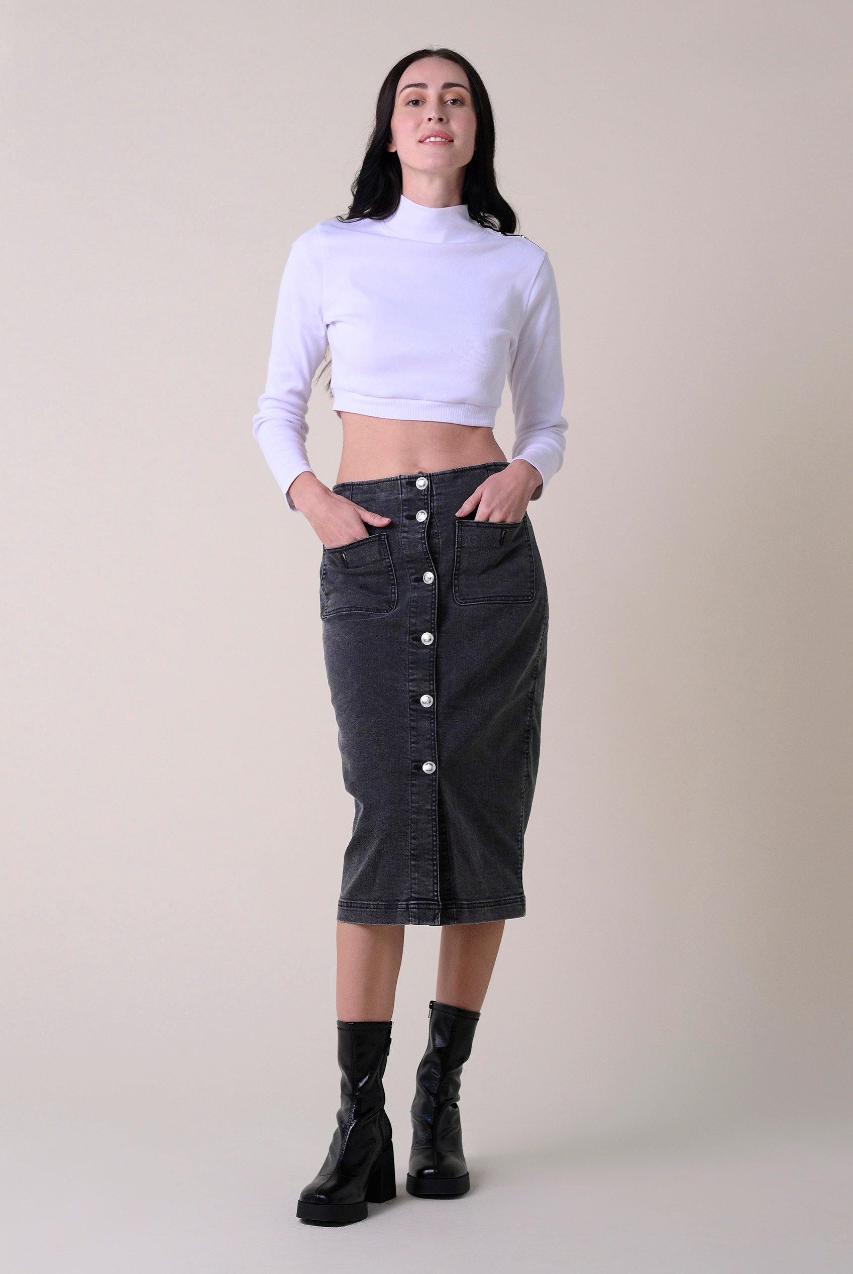 Washed Black Denim Midi Skirt