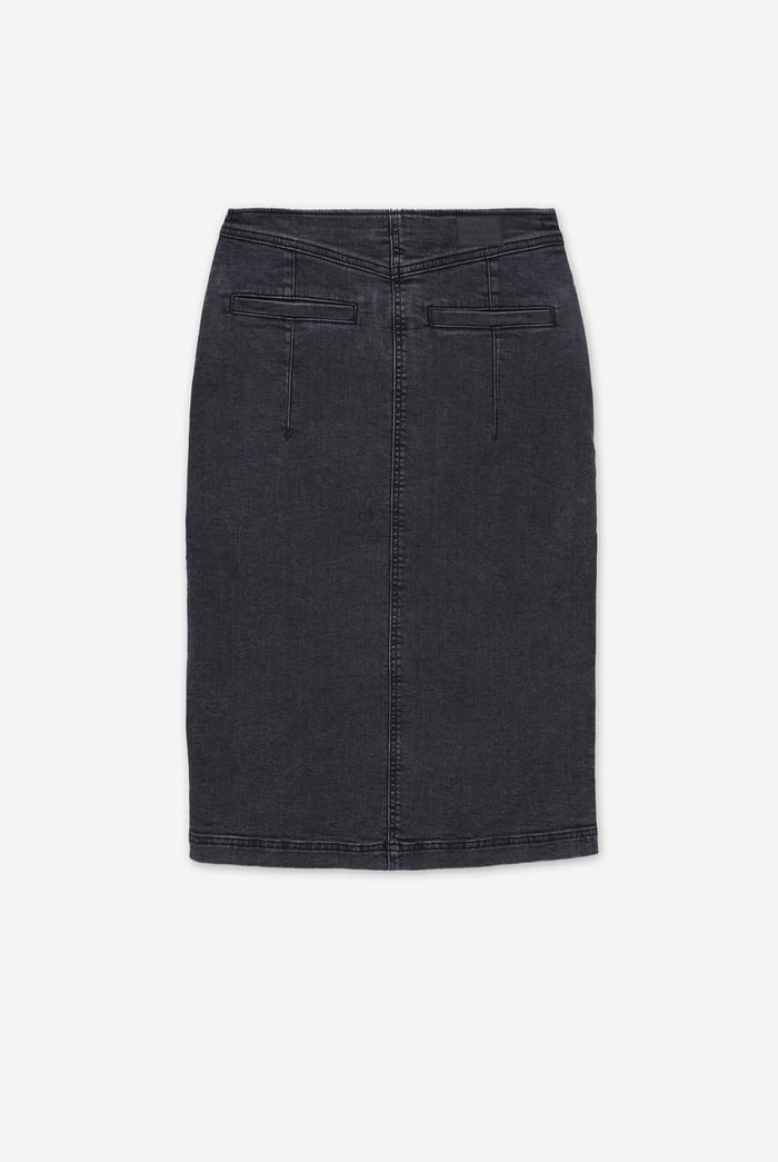 Washed Black Denim Midi Skirt