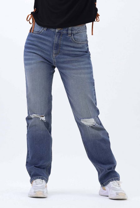 Womens Mid Blue Straight Fit Ripped Jeans