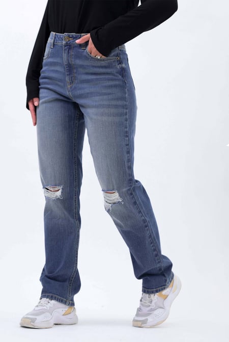 Womens Mid Blue Straight Fit Ripped Jeans