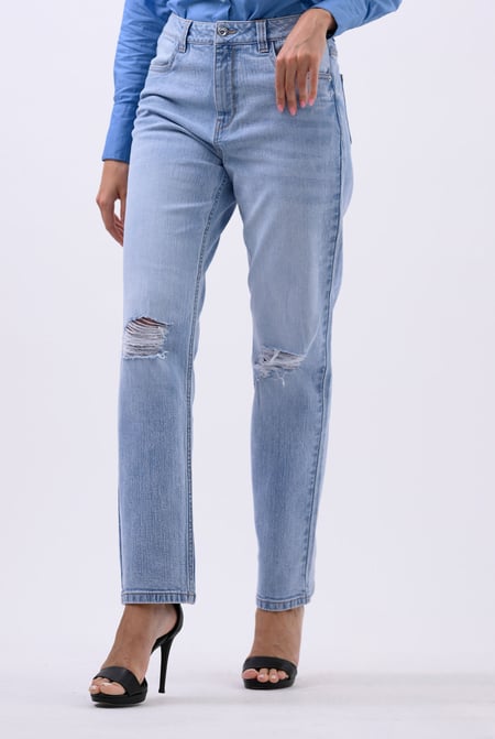 Womens Mid Blue Straight Fit Ripped Jeans