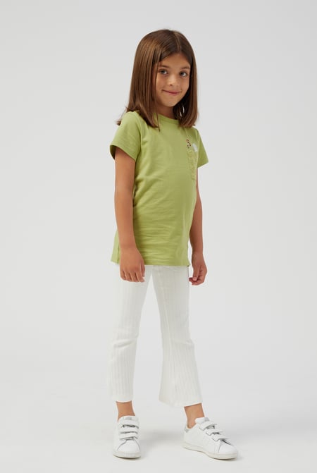 Girls Cream Texture Ribbed Flared Leggings