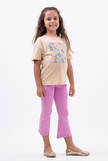 Girls Cream Texture Ribbed Flared Leggings