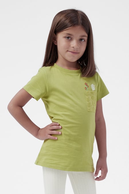 Girls Broderie Pocket With Embroidery T-Shirt