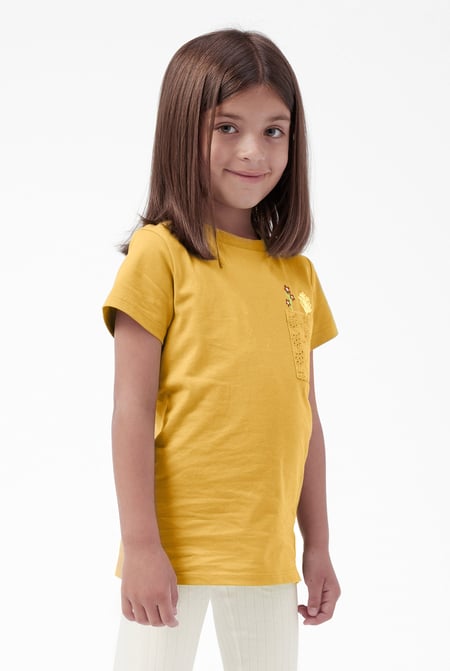 Girls Orange Broderie Pocket With Embroidery T-Shirt