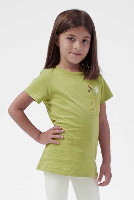 Girls Orange Broderie Pocket With Embroidery T-Shirt