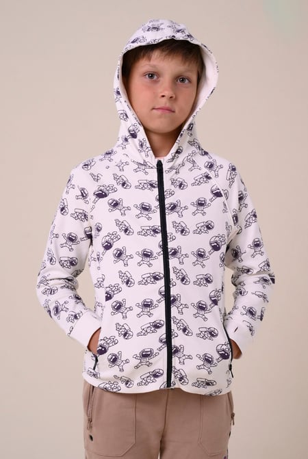 Boys White Printed Zipper Hoodie ( 12/18mths-7yrs)