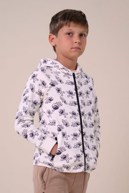 Boys White Printed Zipper Hoodie ( 12/18mths-7yrs)