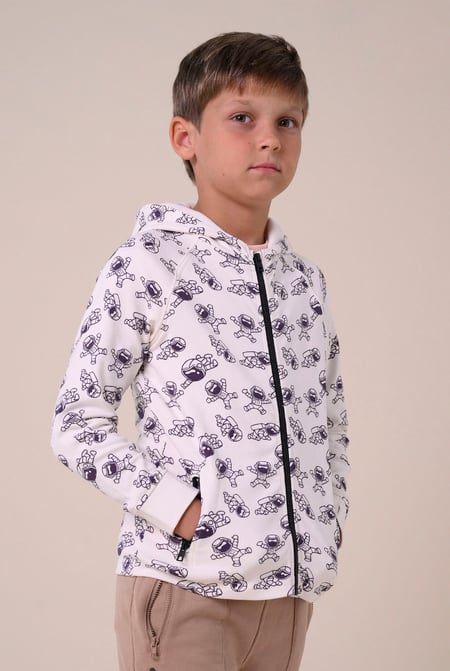 Boys White Printed Zipper Hoodie ( 12/18mths-7yrs)