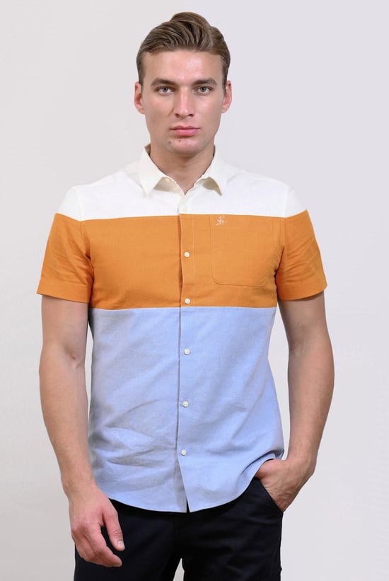 White/Orange/Blue Linen Blend Colour Block Shirt