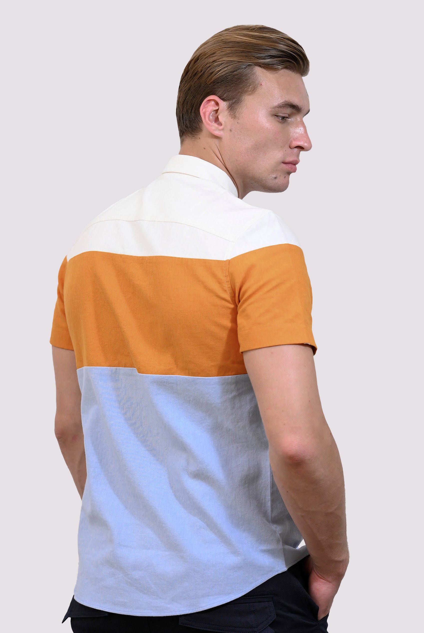 White/Orange/Blue Linen Blend Colour Block Shirt