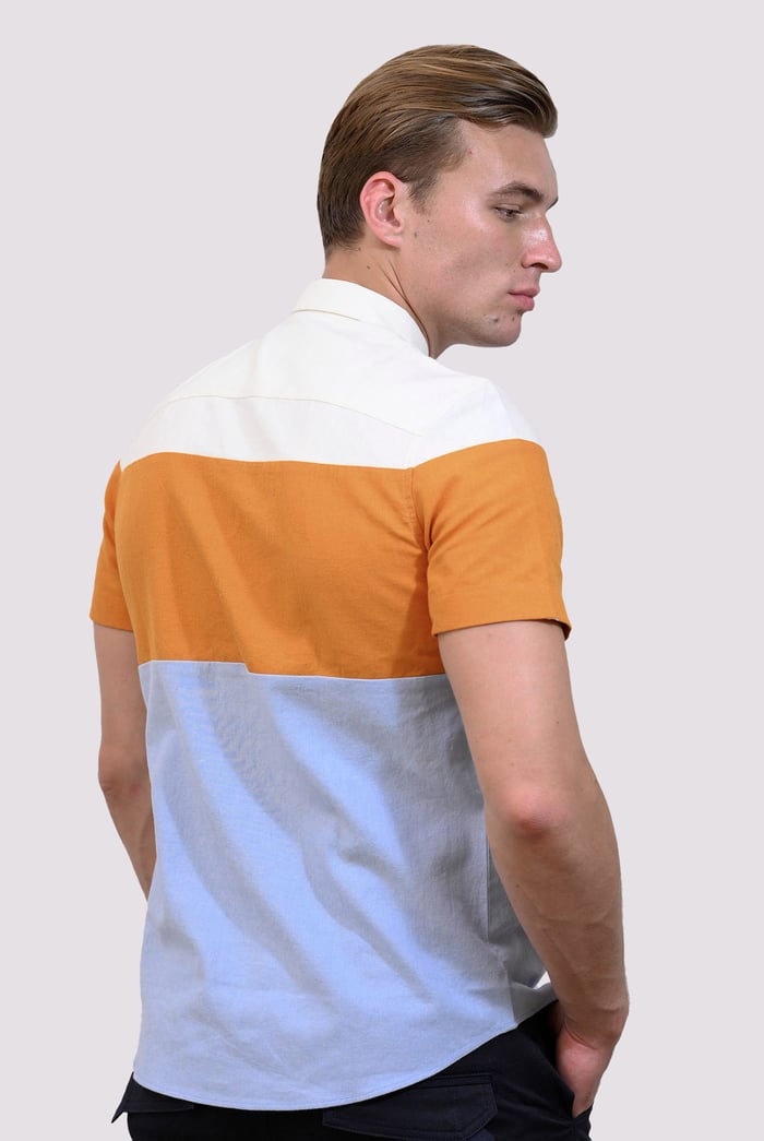 White/Orange/Blue Linen Blend Colour Block Shirt