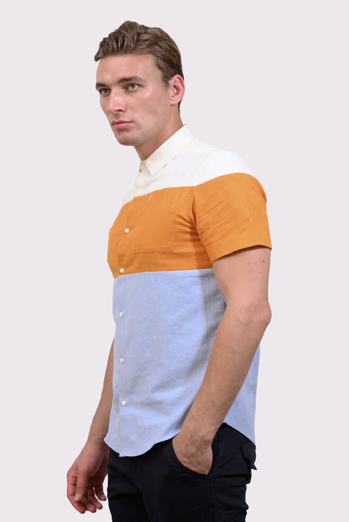 White/Orange/Blue Linen Blend Colour Block Shirt