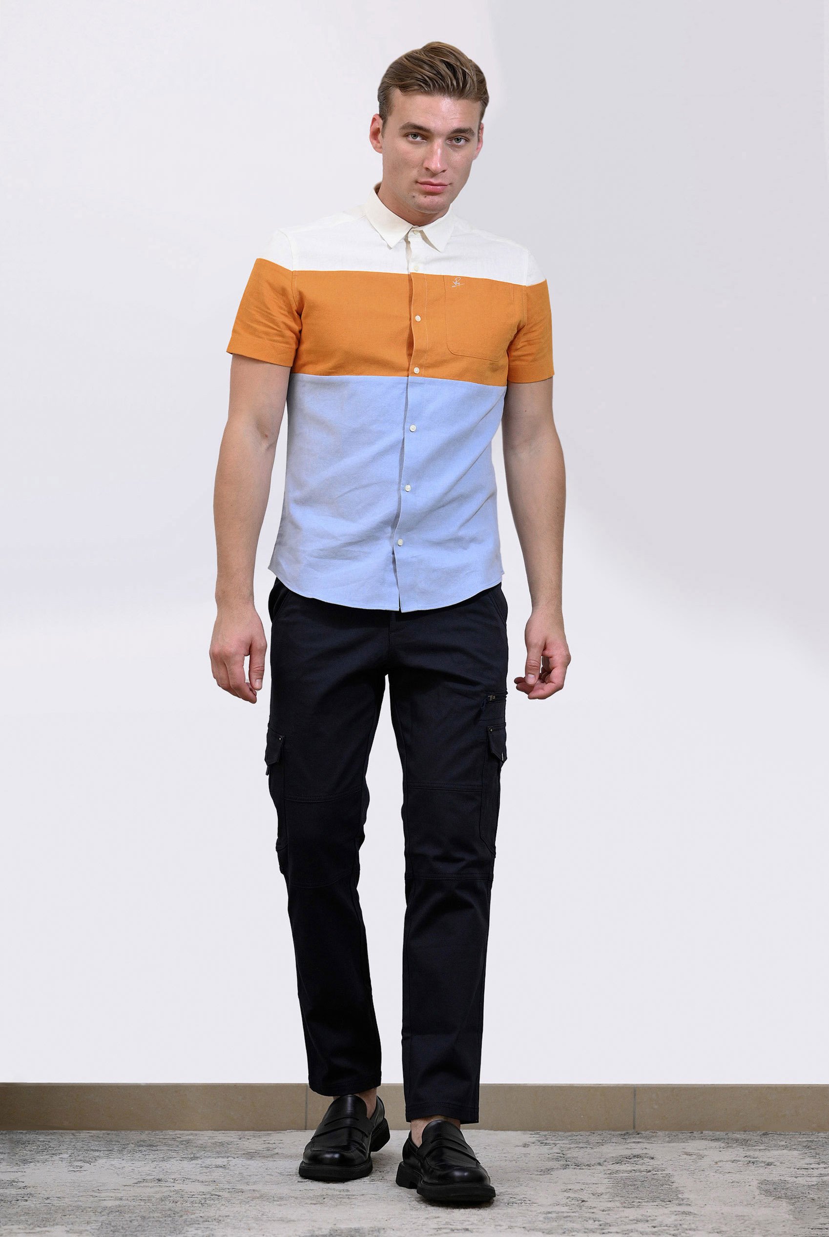 White/Orange/Blue Linen Blend Colour Block Shirt