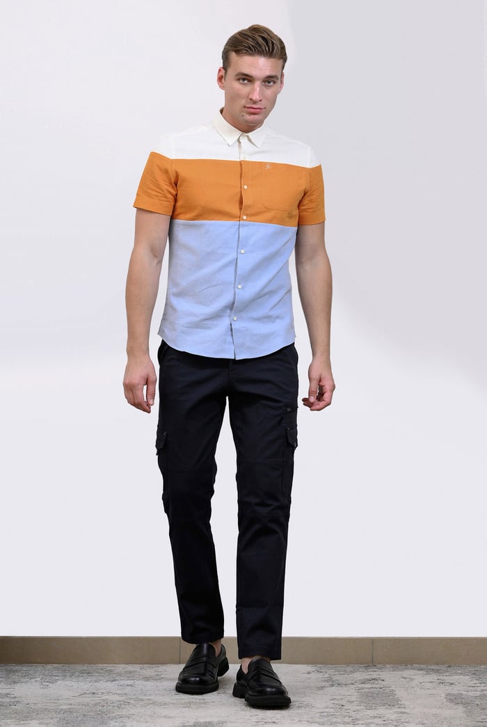 White/Orange/Blue Linen Blend Colour Block Shirt