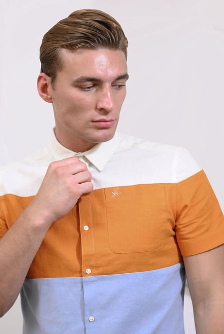 Multicoloured White/Orange/Blue Linen Blend Colour Block Shirt