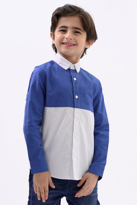 Boys Blue LS Blue/White Colourblock Shirt (3-14yrs)