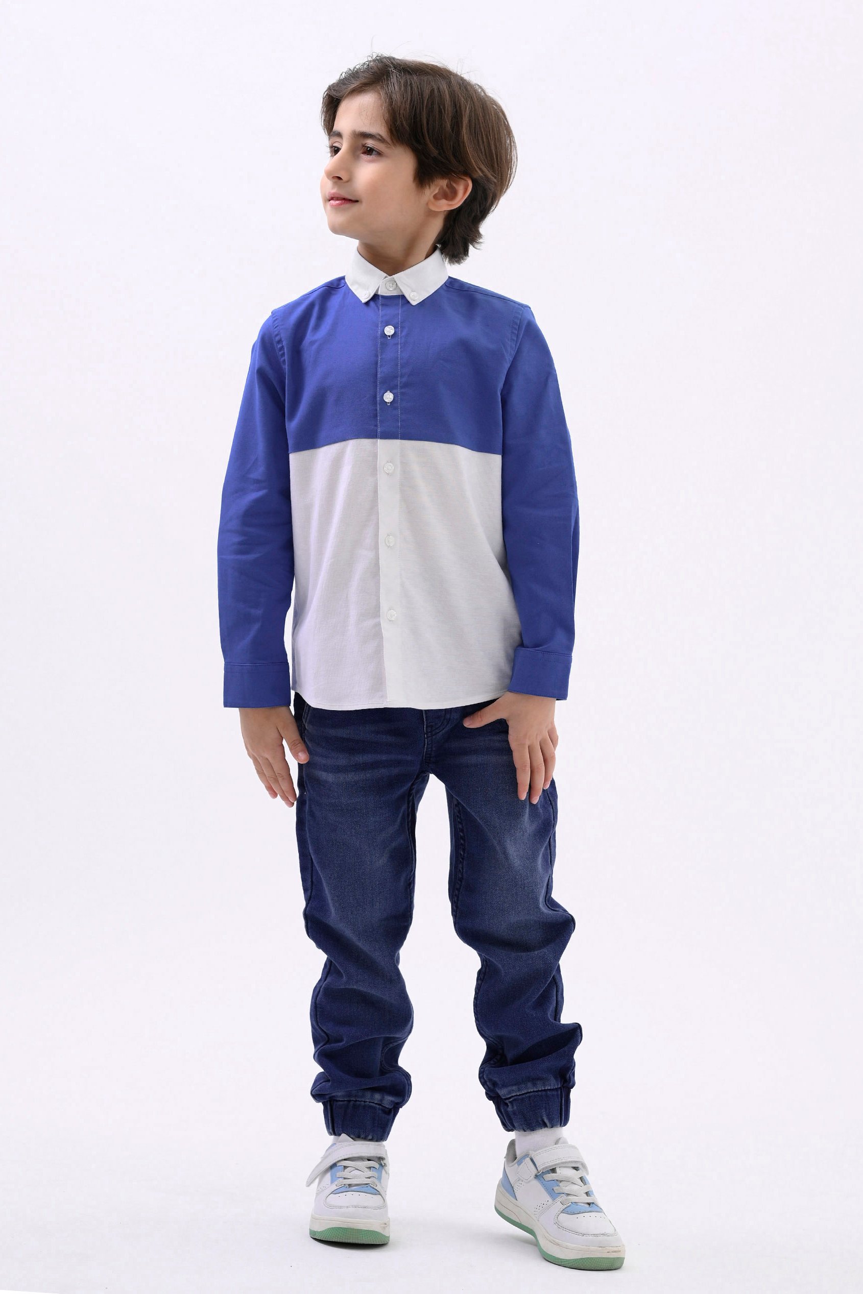 Boys LS Blue/White Colourblock Shirt (3-14yrs)