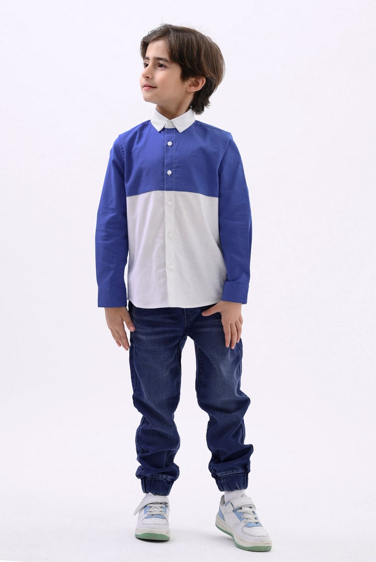 Boys LS Blue/White Colourblock Shirt (3-14yrs)