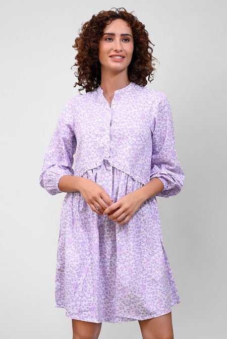 Womens Purple Ditsy Print Mini Tiered Dress