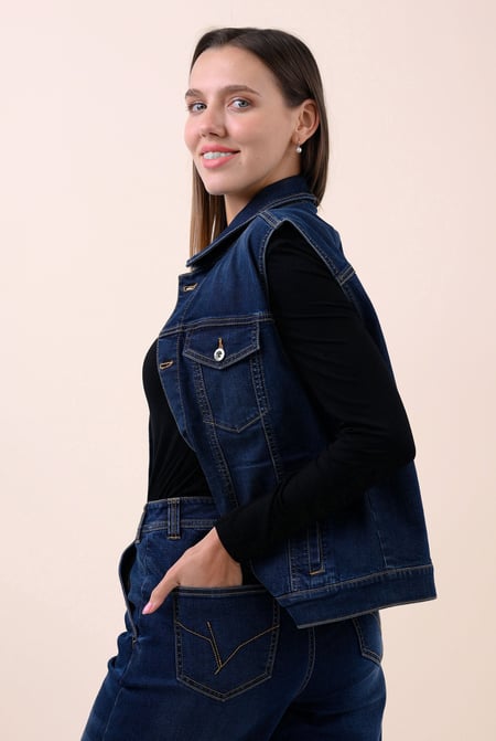 Womens Deep Blue Sleeveless Button Up Denim Jacket