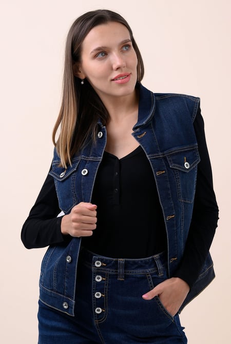 Womens Deep Blue Sleeveless Button Up Denim Jacket