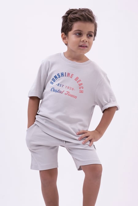 Grey Two-Toned Printed T-Shirt And Shorts Set