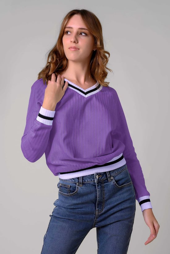Womens V-Neck Stripe Detail Pullover