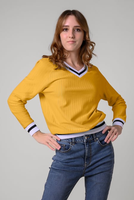 Womens Blue V-Neck Stripe Detail Pullover
