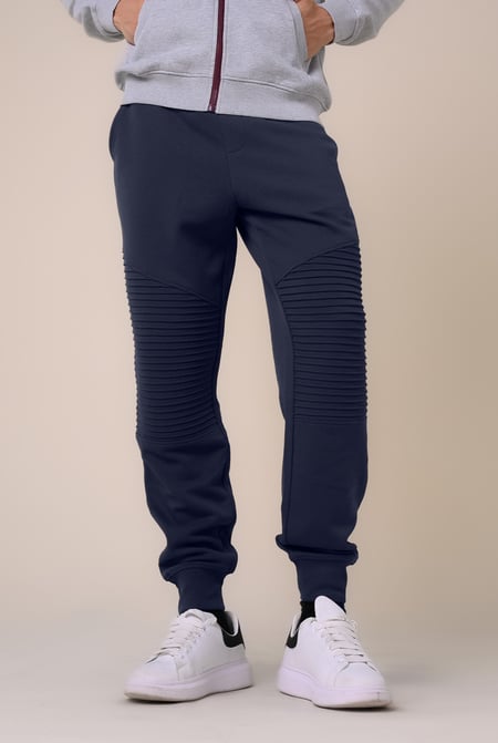 Mens Navy Pleated Plain Drawstring Jogger