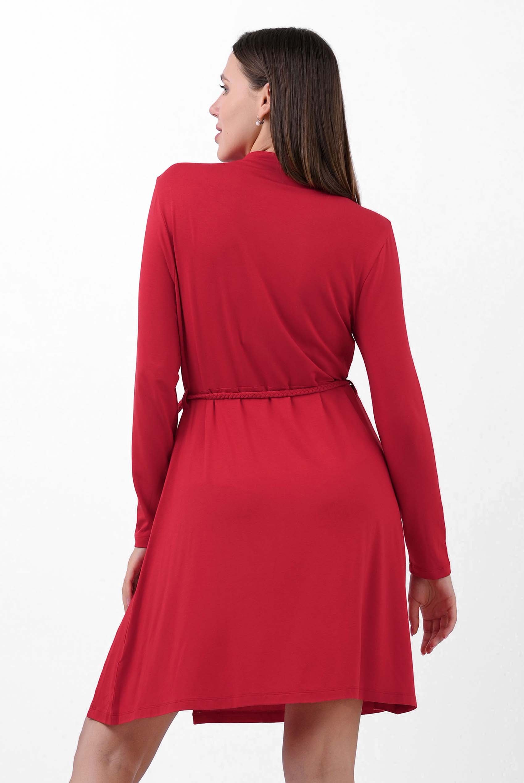 Mock Neck Tie-Belt Midi Dress