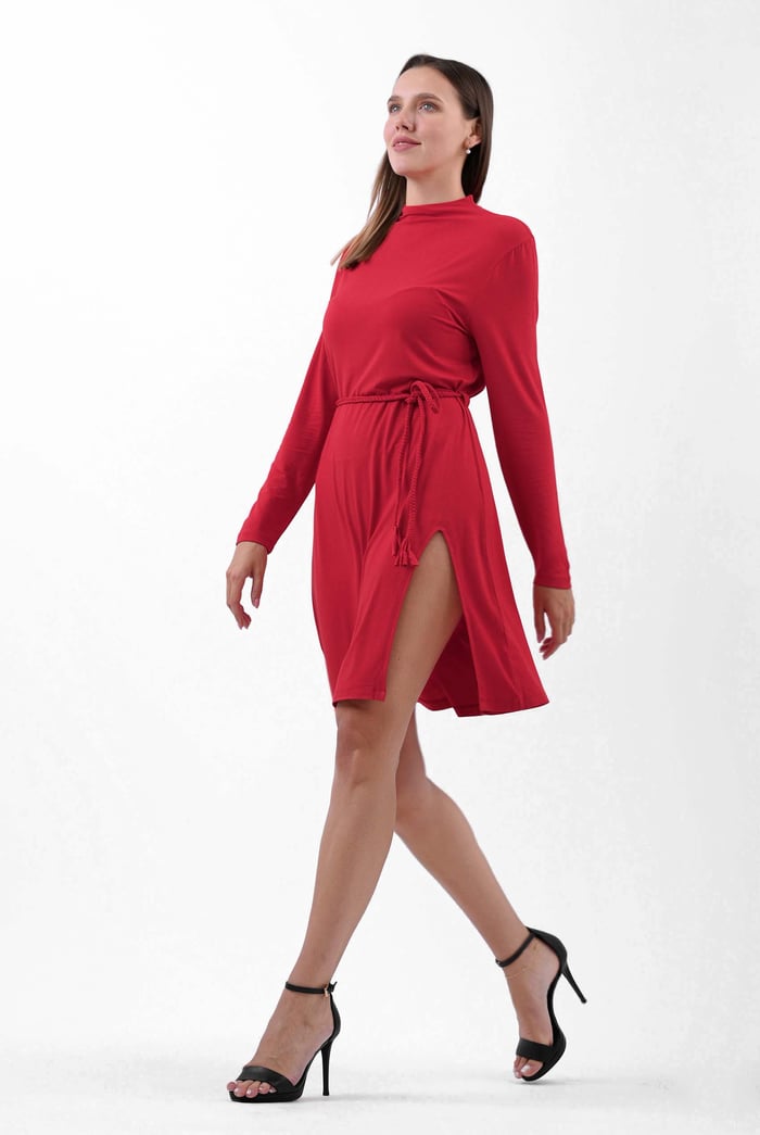 Mock Neck Tie-Belt Midi Dress