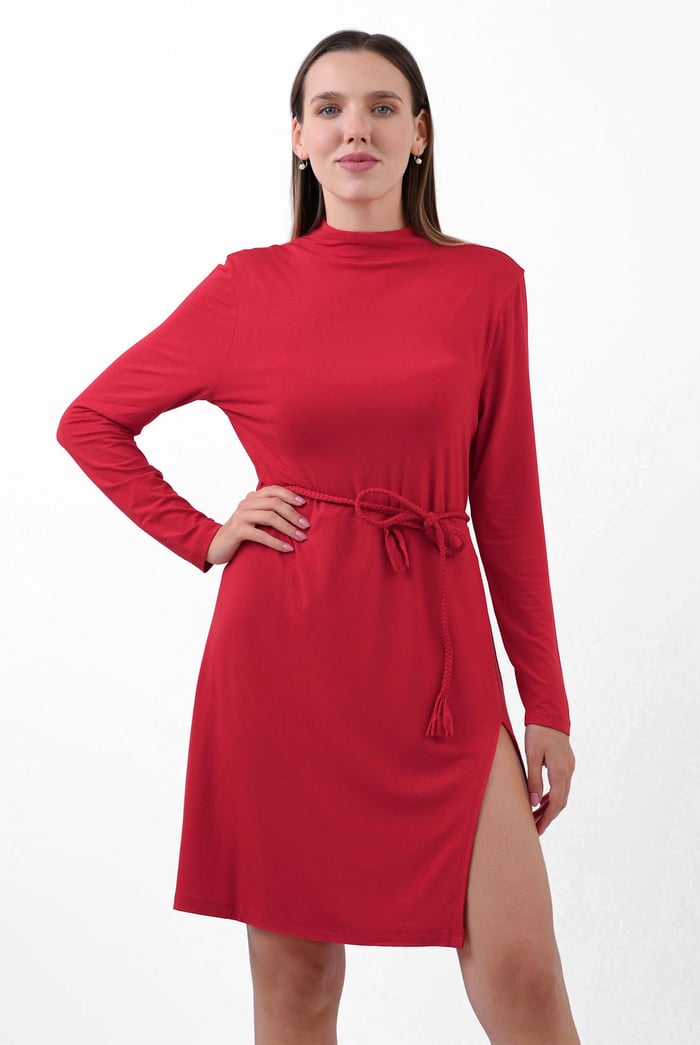 Mock Neck Tie-Belt Midi Dress