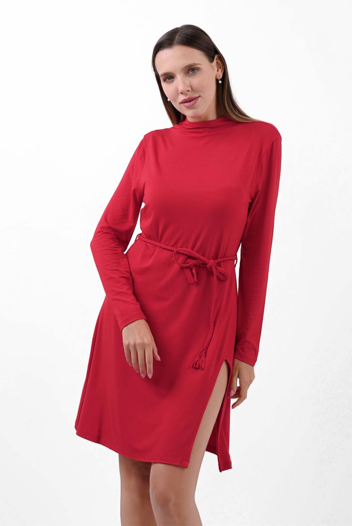 Mock Neck Tie-Belt Midi Dress