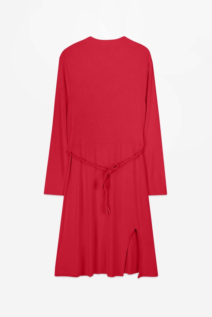 Mock Neck Tie-Belt Midi Dress