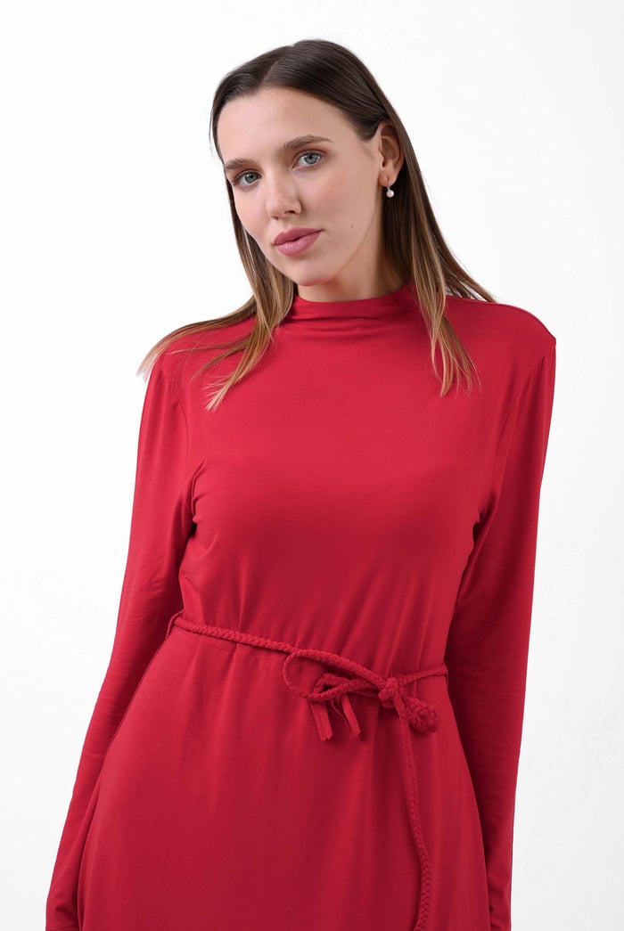 Mock Neck Tie-Belt Midi Dress
